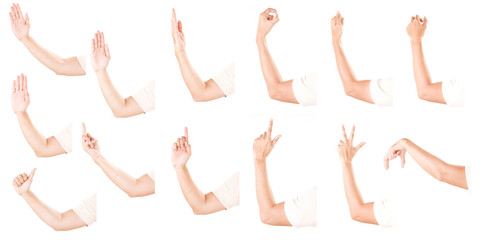 Fototapeta premium Multiple male hand gestures isolated over the white background, set of multiple images