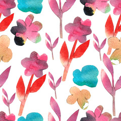 Watercolor seamless pattern with hand painted forms and figures in pink purple and yellow colors. Cutout paper trendy background  for fabric textile, wallpaper or gift wrap. Abstract collage