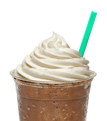 Frappuccino white whip cream in takeaway cup isolated on white background