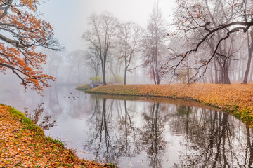 Fog, autumn. Aleksandvsky Park in Pushkin, St. Petersburg,