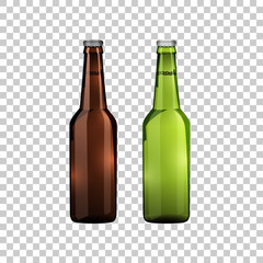 Realistic brown and green glass beer bottles isolated object on transparent background. Vector Illustration