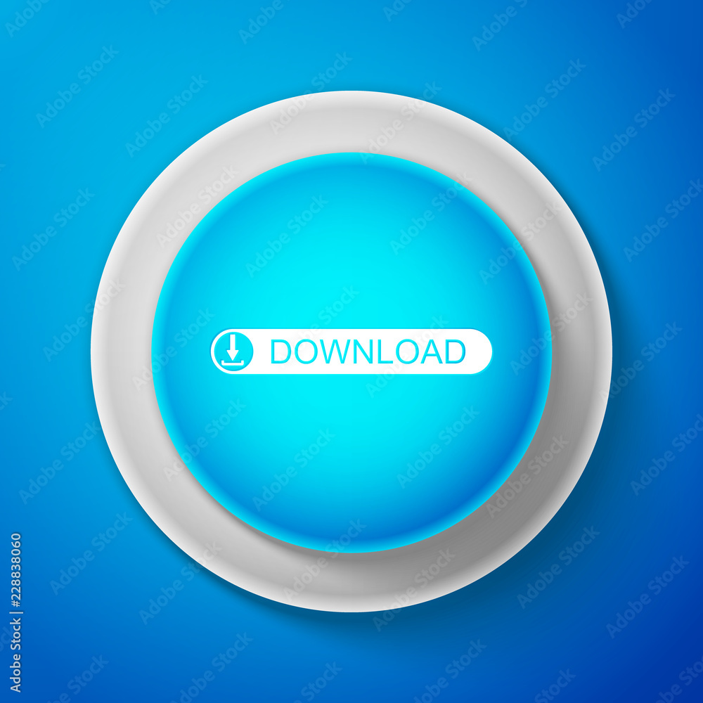 Poster white download button with arrow icon isolated on blue background. upload button. load symbol. circl