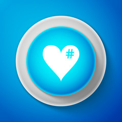 White The hash love icon. Hashtag heart symbol icon isolated on blue background. Circle blue button with white line. Vector Illustration