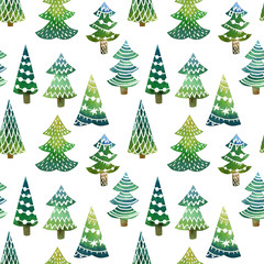 Watercolor hand painted christmas tree seamless pattern. Can be used as print, greeting card, packaging design, textile, wrapping paper, fabric, and so on. 
