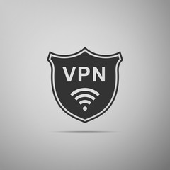 Shield with VPN and WiFi wireless internet network symbol icon isolated on grey background. VPN protect safety concept. Virtual private network for security. Flat design. Vector Illustration
