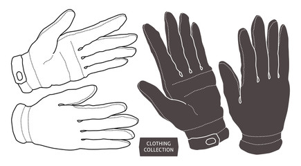 Leather gloves. Vector graphics set.