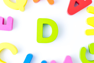 D letters in English made from wood bright colors.