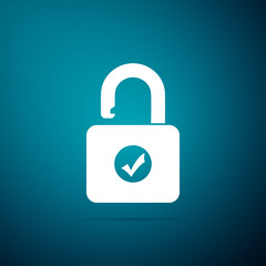 Open padlock and check mark icon isolated on blue background. Security check lock sign. Flat design. Vector Illustration