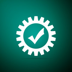 Gear with check mark icon isolated on green background. Cogwheel simple icon. Approved service sign. Transmission Rotation Mechanism symbol. Flat design. Vector Illustration