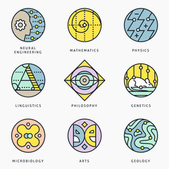 Illustrations and logo templates of fundamental science disciplines, research and education. Language, Biology, Genetics, Physics, Arts, Geography, Mathematics, Philosophy. Detailed vector icons set.