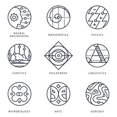 Illustrations and logo templates of fundamental science disciplines, research and education. Language, Biology, Genetics, Physics, Arts, Geography, Mathematics, Philosophy. Detailed vector icons set.