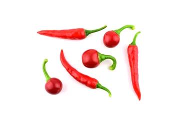 Fotobehang Isolated Red Hot Chili Pepper Set. Also Round Cherry Bomb Chilli or Chile. © Virtexie