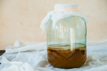 Tea mushroom, Kombucha in a glass jar.
