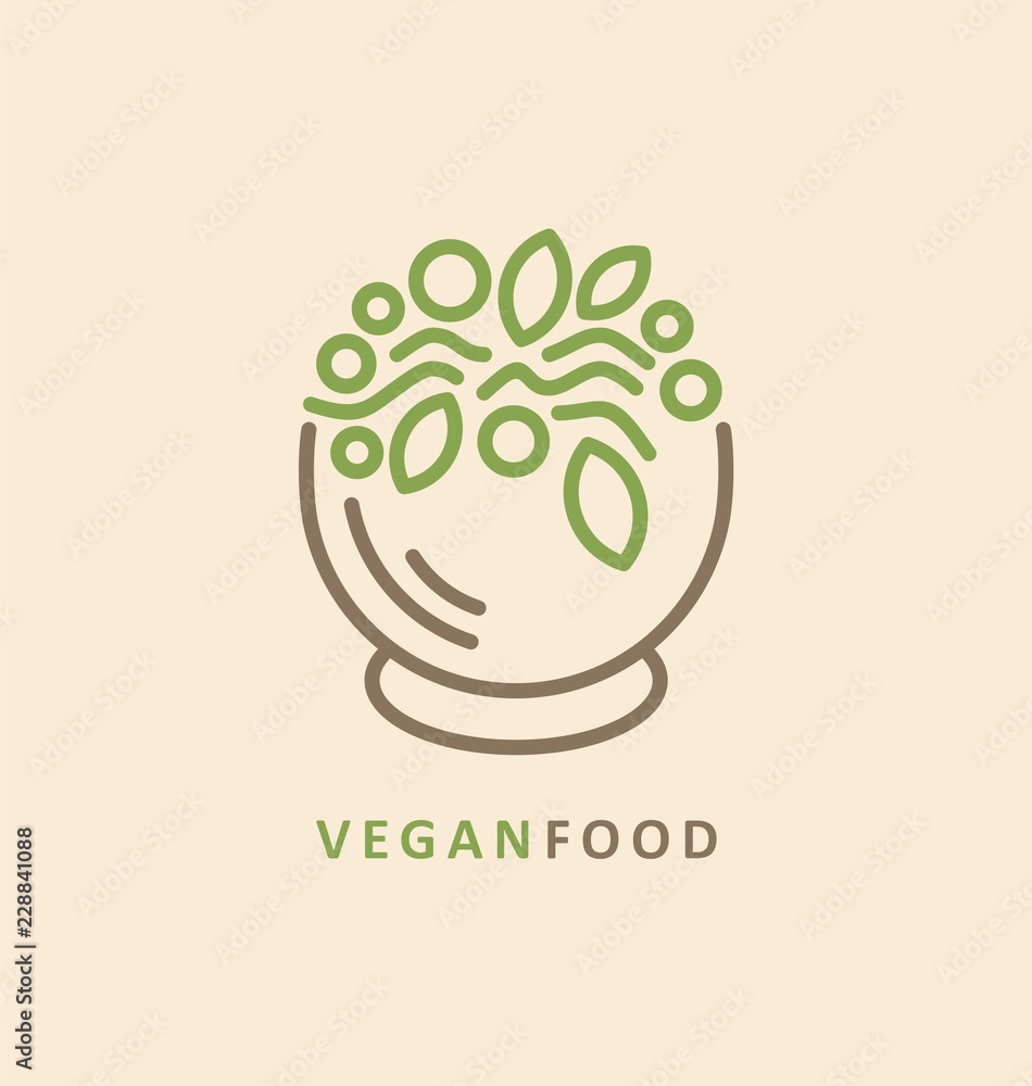 Wall mural Line art icon design with salad bowl full of healthy food. Vegan food logo concept. Creative symbol for vegetarian restaurant.