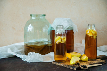 Kombucha mushroom tea, Kombucha. Method of preparation and cocktails in bottles.