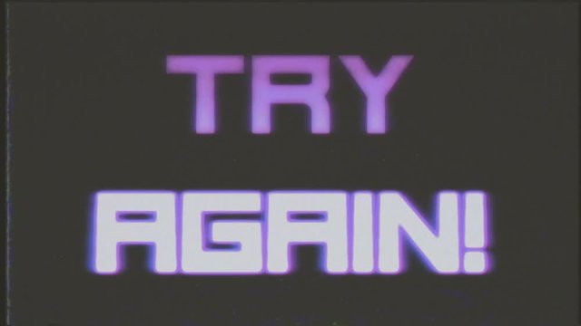 A videogame ending screen animation, with the text Game over - Try again - Insert coin. VHS capture effect. Squared clean retro style.
