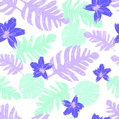 Florals Ornament with Palm Leaves and Flowers on Brush Strokes Background .Illustration for Surface , Invitation , Notebook, Banner , Wrap Paper ,Textiles, Cover, Magazine ,Postcard 