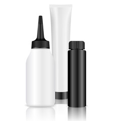 Hair painting bottles set for gel, cream and balm. 3d realistic Vector illustration. Professional cosmetics package: tube, bottle with lid and dispenser.