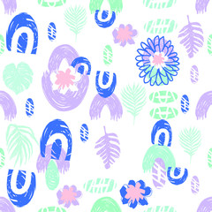 Fototapeta premium Trendy Fantasy Freehand Brush Strokes Composition,Illustration for Surface with Cute Unusual Flowers and Palm Leaves