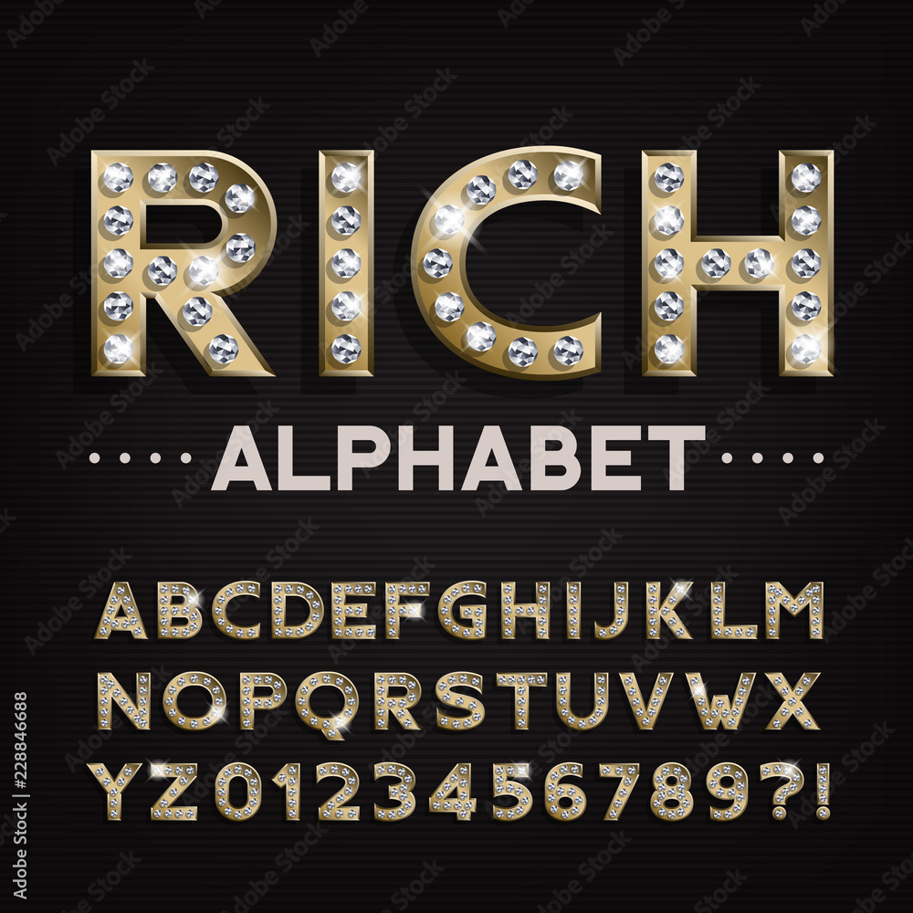 Fototapete rich alphabet font. gold letters and numbers with diamonds. stock vector typescript for your design.