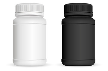 Pills bottles. White and black medical container for drugs, diet, nutritional supplements. Vector illustration isolated on white background.