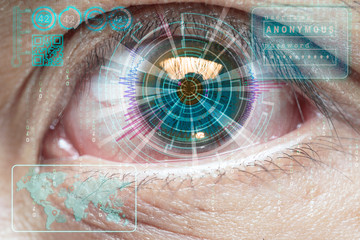 Eye with blue futuristic digital hologram. Biometrics and access concept. Double exposure