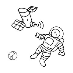 artificial satellite orbiting with astronaut and earth
