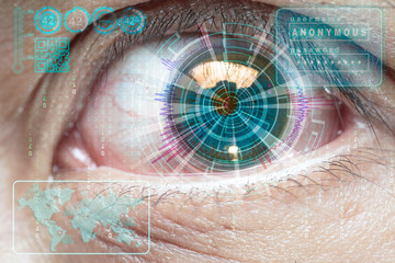 Eye with blue futuristic digital hologram. Biometrics and access concept. Double exposure
