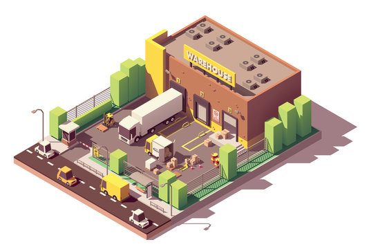 Vector isometric low poly warehouse building