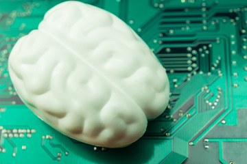 Brain on digital circuit board background. Industry 4.0 Artificial intelligence (AI) technology engineering, machine learning and big data analysis idea concept. High-tech technology for innovative.