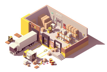 Vector isometric low poly warehouse cross-section