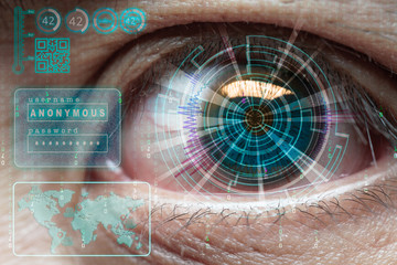Eye with blue futuristic digital hologram. Biometrics and access concept. Double exposure