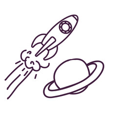 saturn planet with rocket flying
