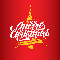 Christmas lettering on yellow Christmas tree. Christmas lettering for posters, postcards, gifts and much more