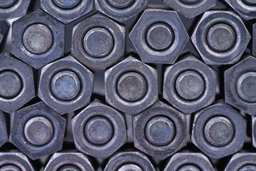 Steel bolts and nuts close-up