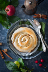 Vertuta, traditional Romanian, Moldavian or Balkan baking with apples . Rustic style, selective focus.