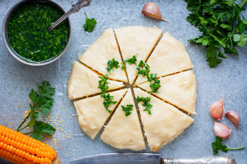 Mamaliga, a traditional Moldovan dish made from corn flour, selective focus, top view