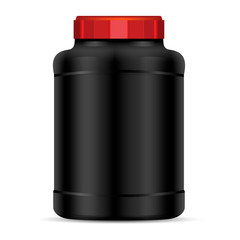 Obraz premium Black Protein powder container with red lid. Sport food bottles. Vector mockup of protein sport nutrition jar illustration.