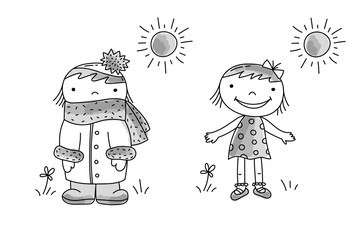 Girl in dress, girl in warm clothes in hot summer day, vector hand drawn illustration.