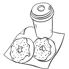 Contour illustration with donuts and coffee on white background. Logo, icon and postcard elements. 