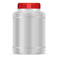 Silver Protein powder container with red lid. Sport food bottles. Vector mockup of protein sport nutrition jar illustration.