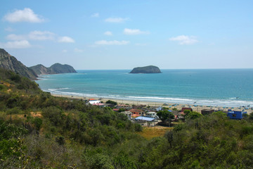 Fototapeta premium Fisherman village on the beach, small boats on the ocean. Ecuador