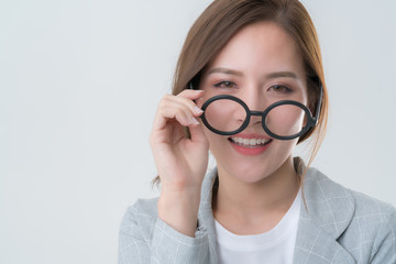 beautiful attractive asian glasses  woman creative career smile and eye contact  to camera with confident and joyful