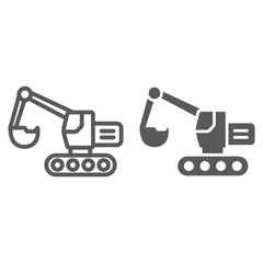 Excavator line and glyph icon, transport and machine, digger sign, vector graphics, a linear pattern on a white background.