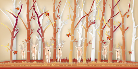 Paper art of deers and reindeers in the autumn season with nature maple leaf and trees background as digital craft style concept. vector illustration