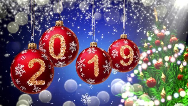 red balls with numbers 2019 hanging on the background of a blue bokeh and a rotating Christmas tree 3d rendering.