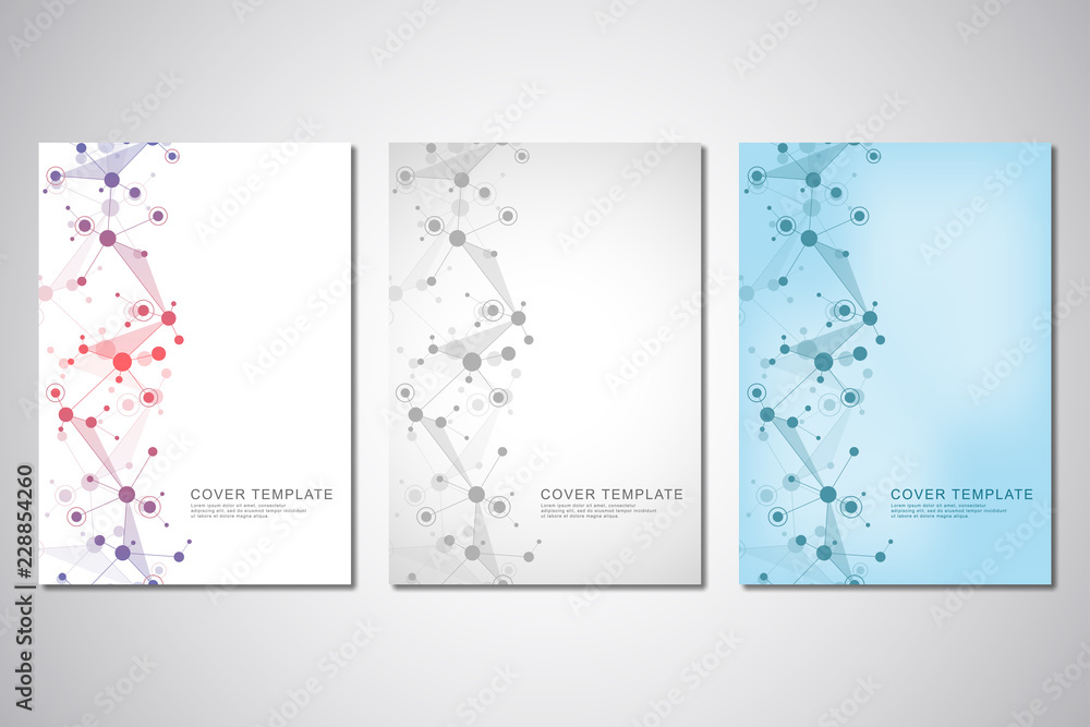 Poster vector template for brochure or cover with molecular structure background and connected lines and do