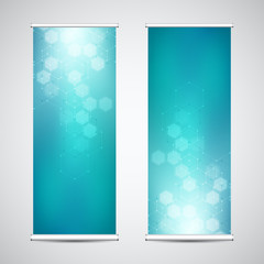 Abstract roll up banners for presentation and publication with hexagons pattern. Medicine, science and digital technology concept.