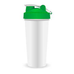 Protein shaker design template. Plastic Sports nutrition Shaker bottle with green lid for gym bodybuilding.