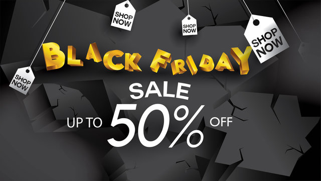 Black friday sale banner layout design background black and gold 50% discount offer. For art template design, brochure style, banner, idea, cover, print, flyer, card, ad, sign, poster, badge.
